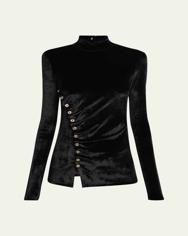 Ruched Velvet Side Button Mock Neck Top